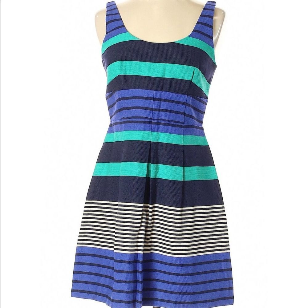 Ann Taylor LOFT Dress Womens 0 Blue Striped Fit & Flare Sleeveless Pleated
